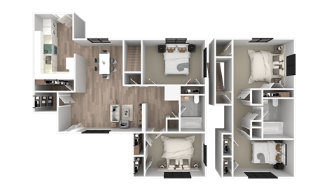 a 3d floor plan of a bedroom with a bathroom and a living room